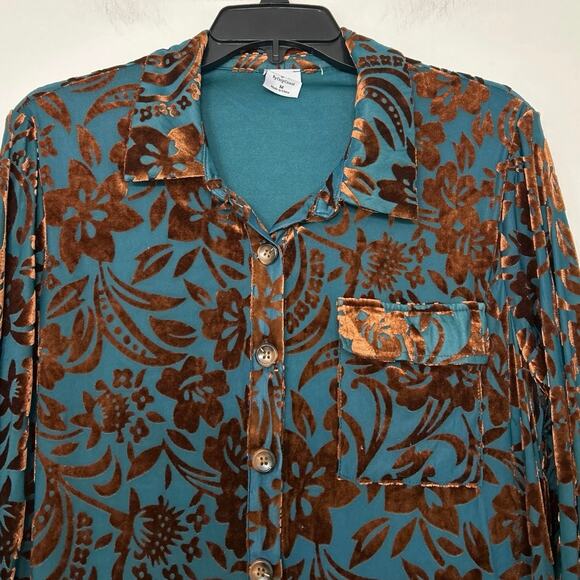 Cozy Co Burnout Velvet Floral Button Front Shirt Dress Teal Brown Medium Boho - Picture 9 of 14